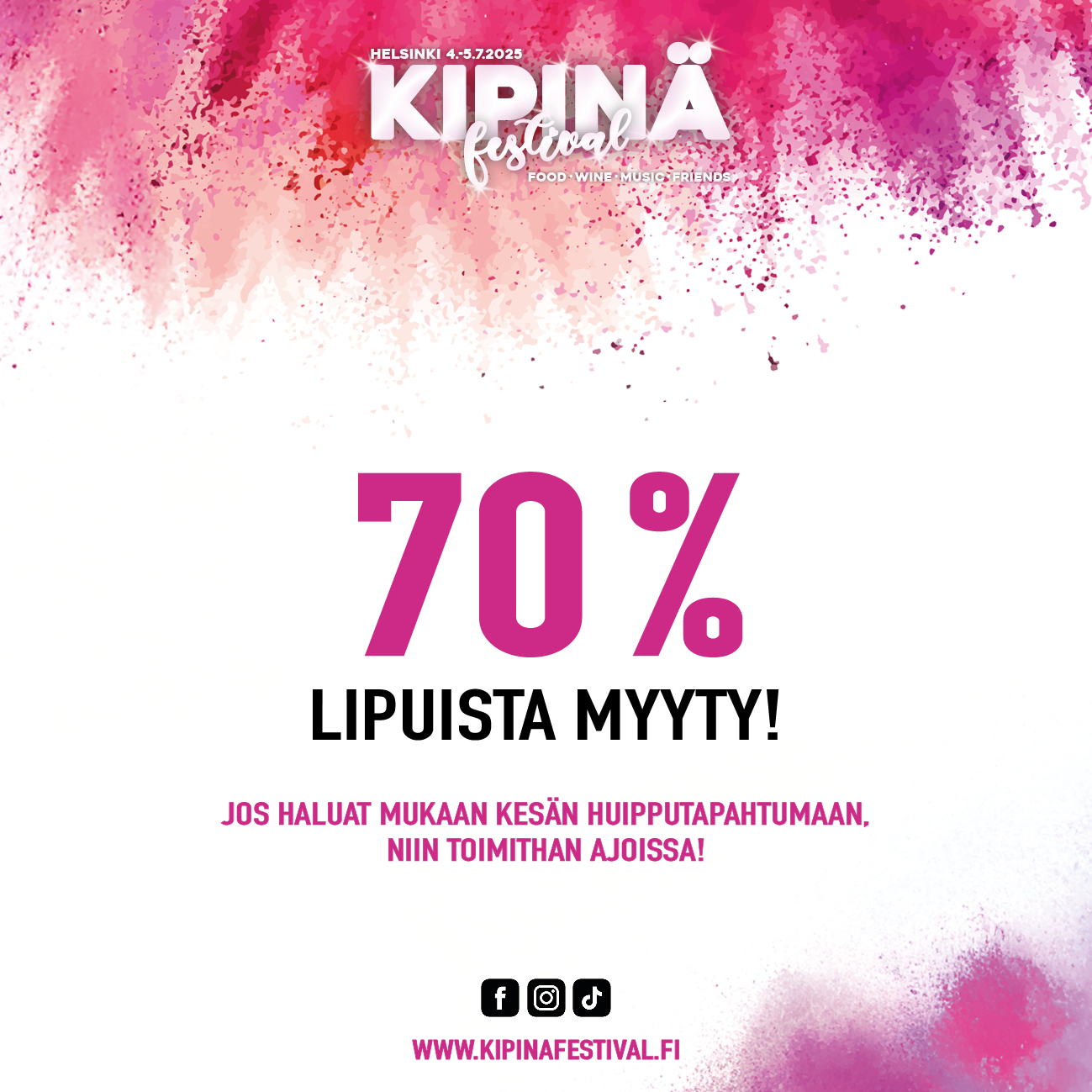 Jo 70 % Kipinä Festivalien pääsylipuista on myyty!